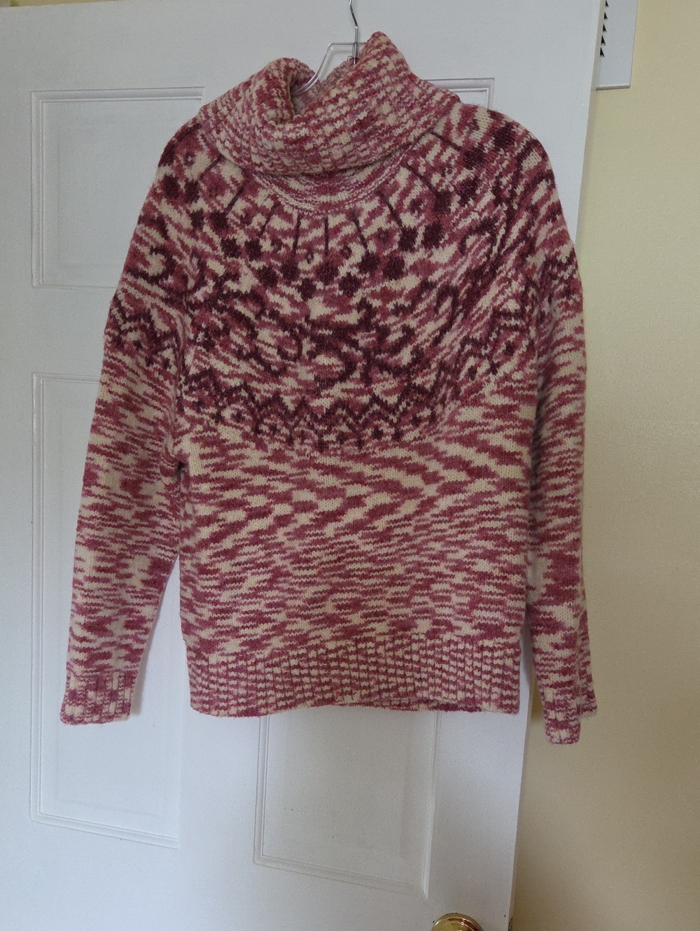 LOFT Cream and Rose Fair Isle Cowl Neck Sweater